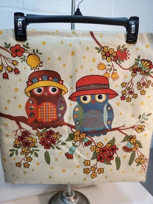 Pillow Case Cover Owl Blue and Brown owls On Cream Nature Farmhouse  - Image 1 of 4