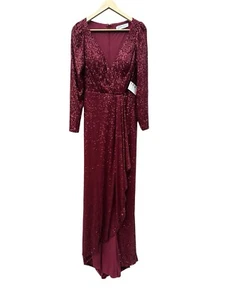 Ieena Mac Duggal Long Sleeve Ruched Faux Wrap Sequin Gown Size 4 Red NEW NWT - Picture 1 of 13