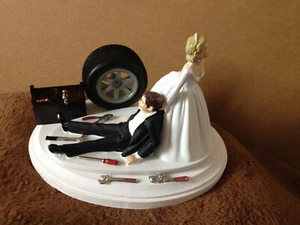 Cake Topper Wedding Day Bride Groom Funny Auto Mechanic Grease Monkey Themed - Picture 1 of 1