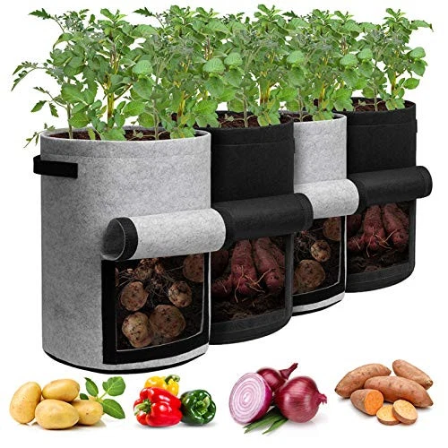 Potato Grow Bags Flap 10 Gallon 4 Pack Planter Pot Handles Window Black Gray