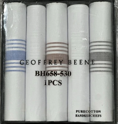 NEW Geoffrey Beene Men’s Handkerchief Set – 5 Pure Cotton Handkerchiefs Gift Box - Image 1 of 4