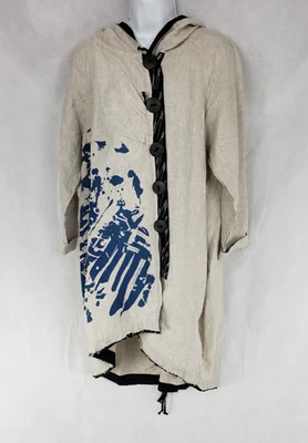 Mara Gibbucci Long Top M Gray/Blue Print Hooded 100% Linen Button Up Blouse - Image 1 of 4