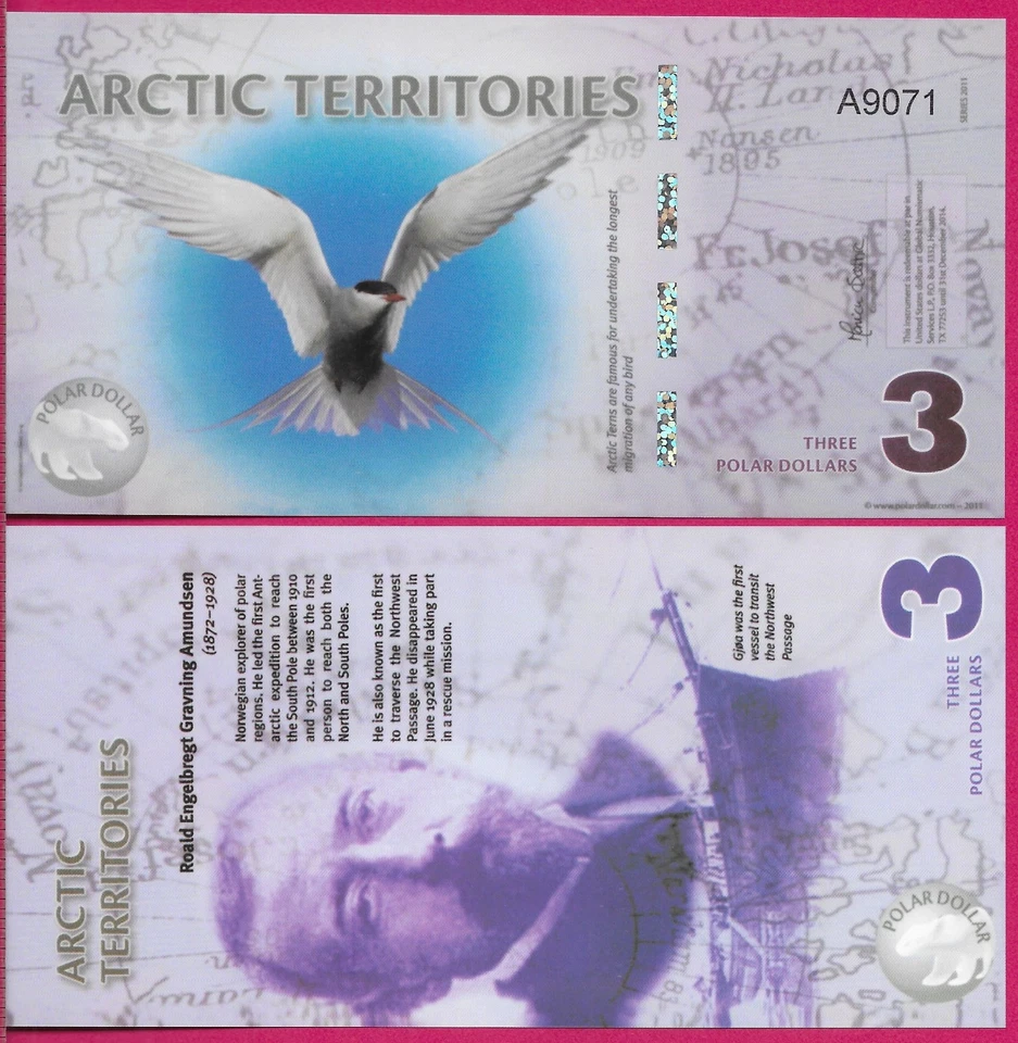 ARCTIC TERRITORIES 3 POLAR DOLLARS 2011 A,NEW,FANTASY NOTE,ARCTIC TERN,Script:La - Image 1 of 1