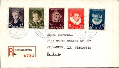 NETHERLANDS 1956 POSTAL REGISTERED COVER SEMI-POSTAL FRANKING ADDR & POSTMARK - Image 1 of 2