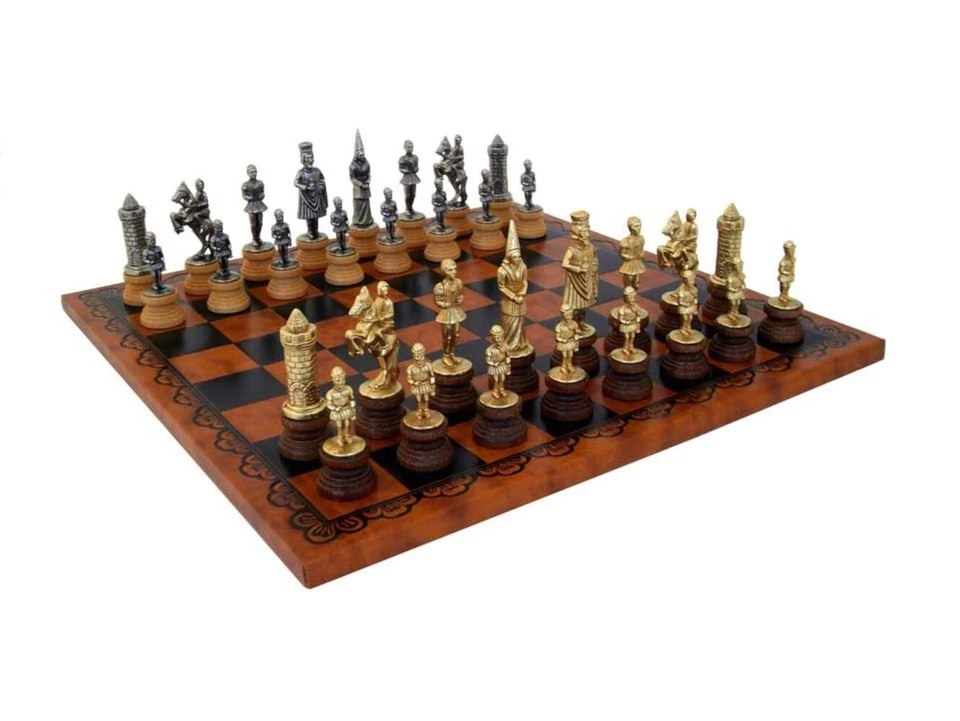 Italfama Camelot Metal & Wood Chess Set Gold/Silver Faux Leather Board 45cm