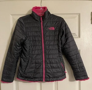 The North Face Reversible Puffer Jacket Girls M 10/12 Black Pink Fuzzy Full Zip - Picture 1 of 8