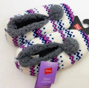 Hanes Footies Slippers Chevron Stripes Medium Size 7-8 White Navy Purple Gray - Picture 1 of 3
