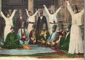 CARTOLINA DERVISCI VORTICOSI SUFI BANDA MUSULMANA MUSICA CONTINTINOPOLI ISTANBUL - Foto 1 di 3