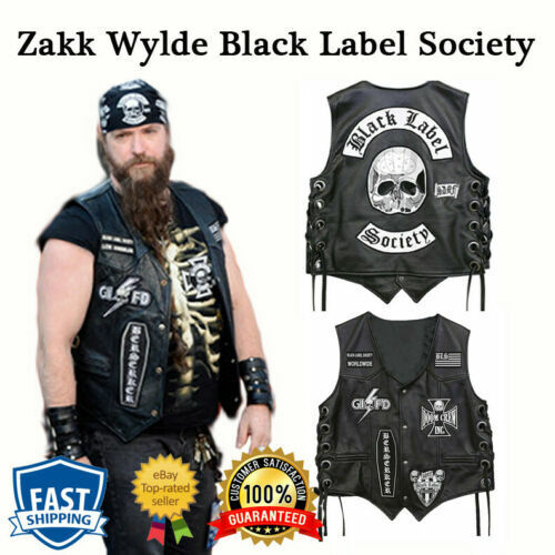 Gilet gilet en faux cuir véritable Zakk Wylde étiquette noire Society patchs BLS