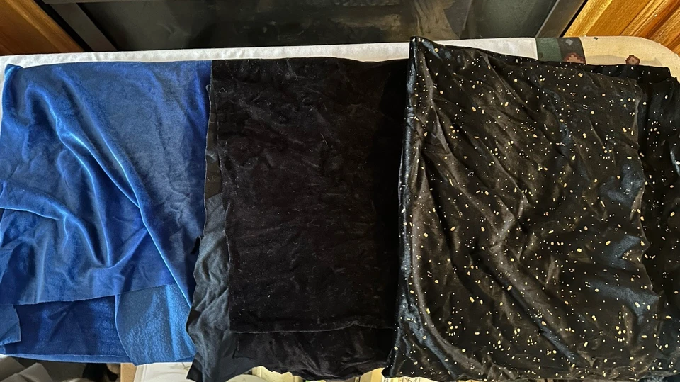 Velvet Fabric Lot Blue, Black, Black W/gold Approx. 1/2-1 Yrd Each Stretchy - Image 1 of 1