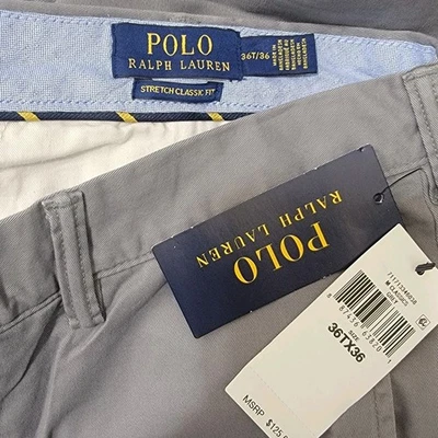NUEVO Polo Ralph Lauren Hombres Calce Clásico Chino Pantalones Gris 36Tx36 Algodón Sarga Foto 1 de 4