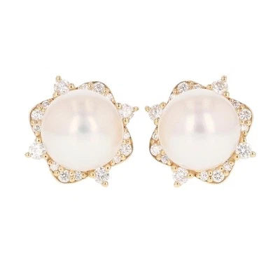 8.06mm Cultured Pearl Solitaire Diamond Halo Stud Pair Earrings 14k Yellow Gold - Image 1 of 4