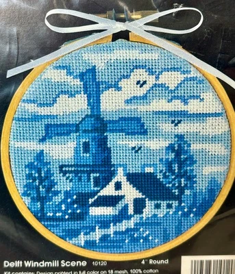 Golden Bee Hooplas Needlepoint DELFT Blue WINDMILL SCENE 4" Round Kit NIP #10120 - Image 1 of 3
