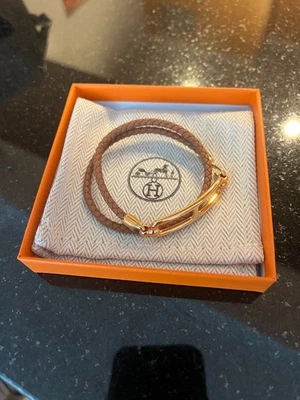 NUEVO HERMÈS Oro (Cuero Marrón) W Oro Rosa HW Roulis Doble Tour Brazalete T2 Foto 1 de 2