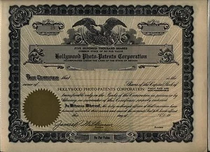 Certificado de acciones de Hollywood Photo-Patents Corporation de Nevada - Imagen 1 de 1