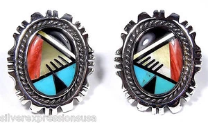 Southwesthern Multicolor,Turquoise Inlay 925 Sterling Silver Stud Post Earrings - Picture 1 of 2
