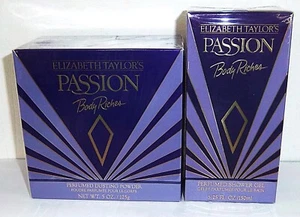 ELIZABETH TAYLOR'S PASSION PERFUMED DUSTING POWDER 125g + SHOWER GEL NEW SEALED - Picture 1 of 3