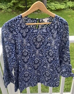 J. Crew 3/4 Ruffle Sleeve Blouse Womens Size 2 Blue Paisley Floral. M-10 - Picture 1 of 8