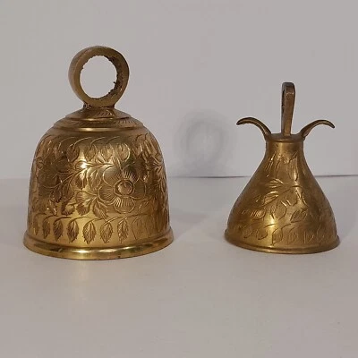 Two Hand Carved Indian Brass Bells, Ceremonial/Meditation - Image 1 of 4