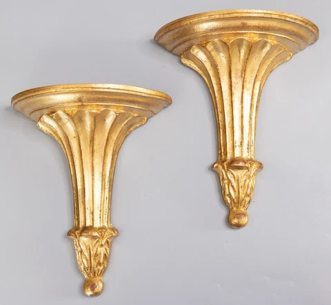 Pair of Vintage Mid Century Neoclassical Italian Gilt Wood Wall Brackets Shelves Cover