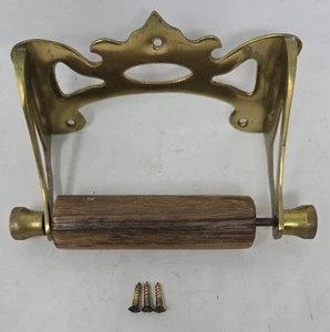 Antique Brass Victorian Toilet Paper Tissue Holder Wood Roller Bathroom MCM - Picture 1 of 7