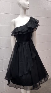 Black Organza Chiffon Off The Shoulder Dress Evening Wear Tiered 1980s Size S 26 - Picture 1 of 24