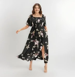 Bloomchic Plus Black Floral Square Neck Pockets Lined Smocked Split Dress Sz 26 - Picture 1 of 10