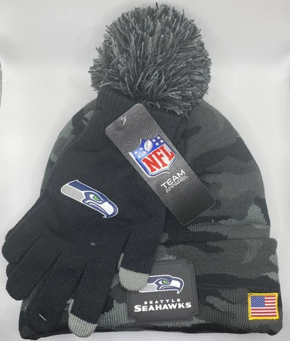NFL Salute To Service Seattle Seahawks Knit Black Camo Gloves & Pom Beanie Set Cover