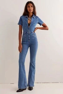 Free People We The Free Size XL Jayde Flare Denim Jumpsuit Sunburst Blue - Picture 1 of 5