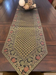 Black Table Runner Silk Brocade 14 X 80 Inch Runner Gold Motif Formal Dining - Picture 1 of 7