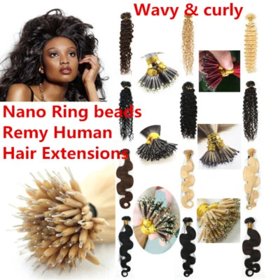 20 - 28inch Curly & Wavy & Straight Remy Human Hair Extensions Keratin Nano Ring - Image 1 of 4