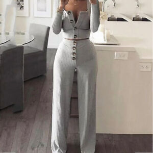 2Pcs Womens Knitted Suits Long Sleeves Crop Top Trousers Wide Legs Pants Casual