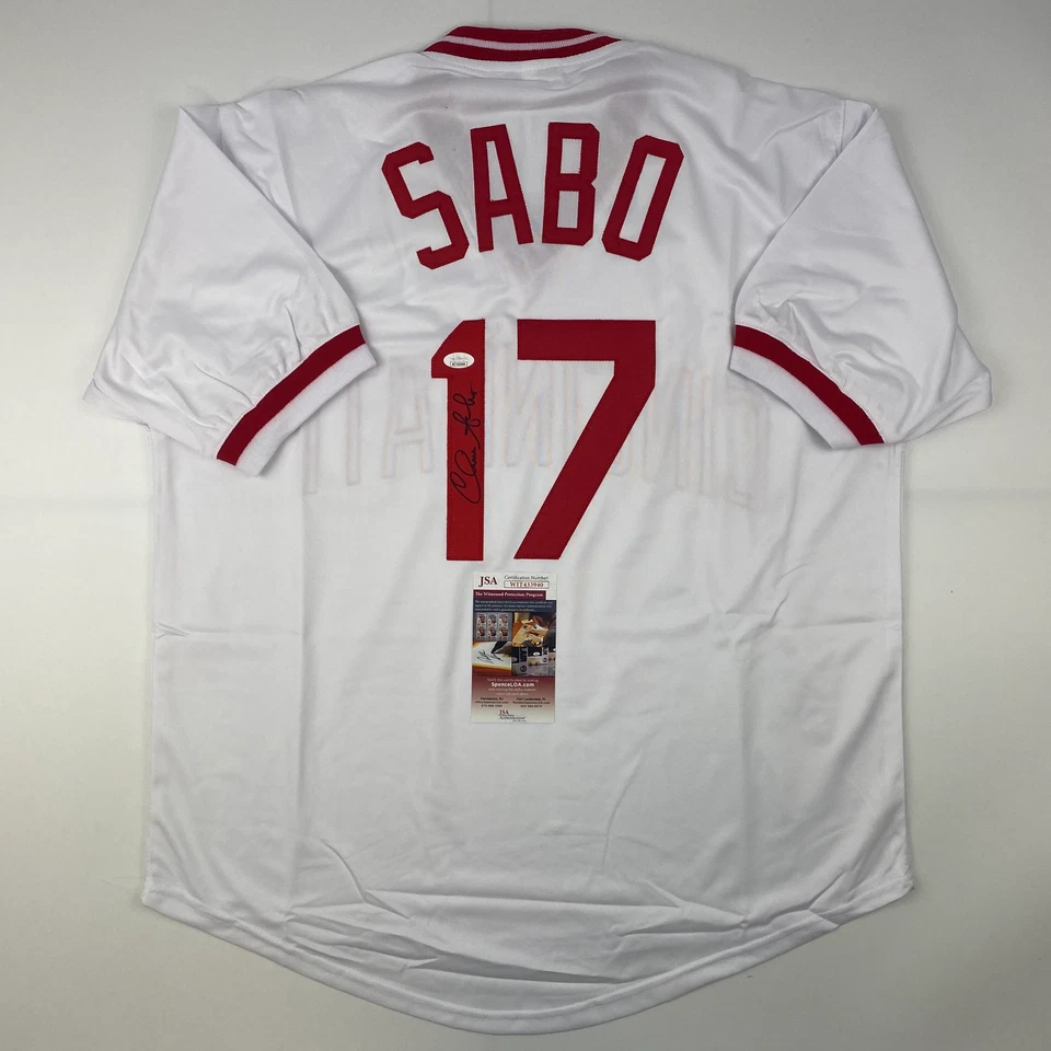Autographed/Signed Chris Sabo Cincinnati White Baseball Jersey JSA COA - Image 1 of 4