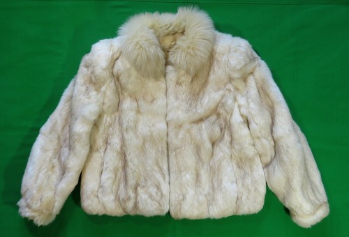 OFF WHITE Giacca Naturale Pelliccia di Coniglio Vintage anni 70 BIANCO CREMOSO Chiusura Gancio Foderata Collare M