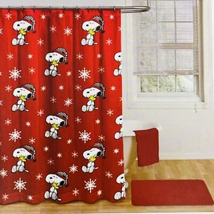 Peanuts Snoopy Shower Curtain 72”x72” Christmas Woodstock Red Snow Santa Hat NEW - Picture 1 of 6