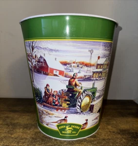 John Deer Vintage Tractor Metal Trash Can Waste Basket Christmas Scene 10" x 9" - Picture 1 of 6