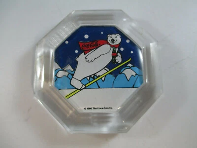 Coca-Cola Acrylic Magnet Hexagon 1995 Skiing Polar Bear - Image 1 of 3