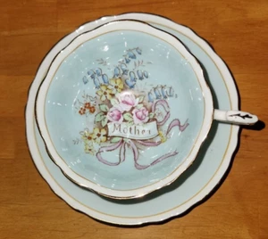 Vintage Paragon Double Warrant Pink Ribbon Floral Light Blue "Mother" Bluebells - Picture 1 of 6