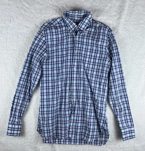 Alain Paine Mens Medium Blue Pink Madras Plaid Button Up Shirt London Cotton - Picture 1 of 14