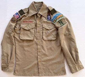 Boy Scouts of America BSA Youth Medium Tan Long Sleeve Shirt W/Sewn on Patches - Picture 1 of 6