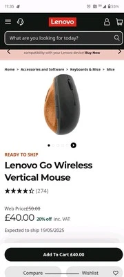 Lenovo Go Wireless Vertical Mouse Used - Image 1 of 3