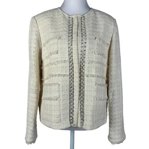 St John italienisches strukturiertes Tweed-Sakko Cardigan 12 ecru Perlen Fransen neu mit Etikett $ 1995 - Bild 1 von 13