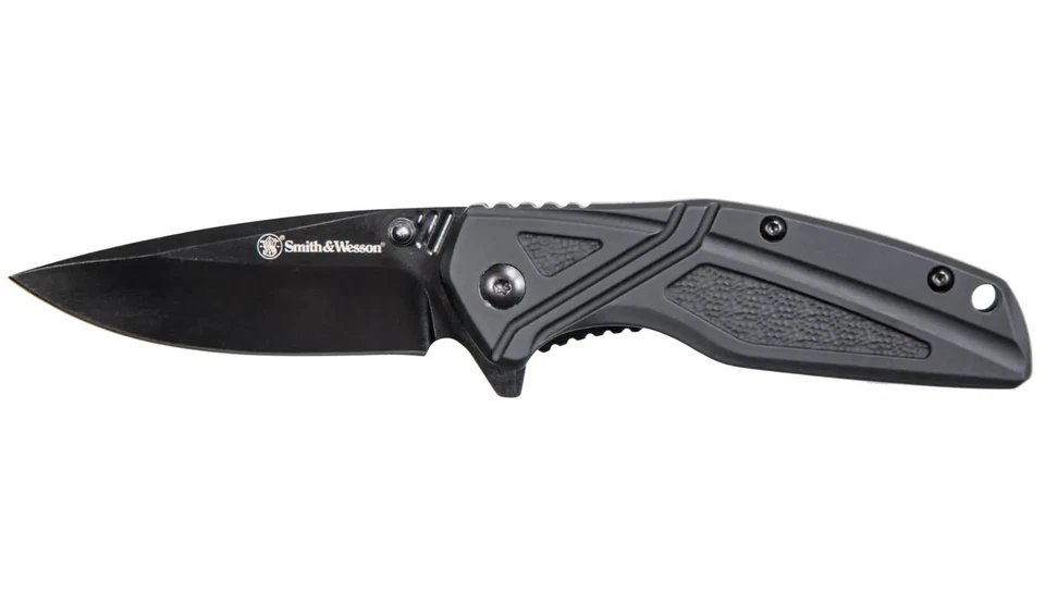 Smith & Wesson черный прорезиненный тактический падение точка лезвие складной карманный нож - Изображение 1 из 4