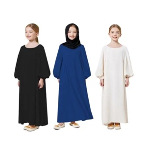 Arab Kids Girls Ramadan Kaftan Solid Color Elastic Pleated Sleeve Abaya Robe - Picture 1 of 18