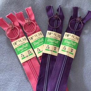 NOS 18” J & P Coats Ring Pull  Zipper 2 Purple, Color 98,  2 Pink Color 32-B - Picture 1 of 13