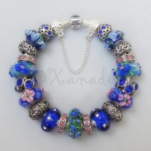 Genuine Pandora Bracelet With European Royal Blue Floral Artisan Murano Beads - Picture 1 of 8