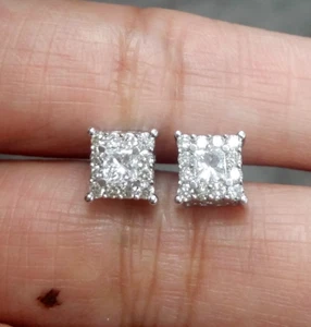 2Ct Princess Cut Lab Created Diamond Cluster Stud Earrings 14K White Gold Plated - Picture 1 of 5