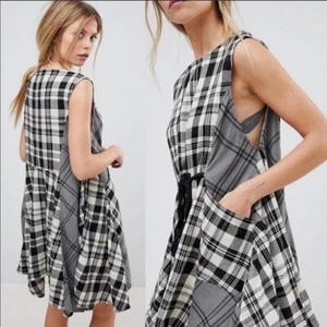 Free People Land Lines Mini Plaid Dress Sharkbite Hem Edgy Sz XS Patchwork - Picture 1 of 12