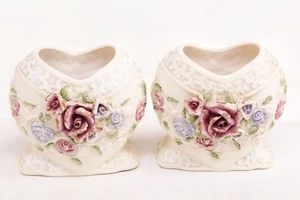 Handbemalte Porzellan Rosenherz 3" Vasen, Blattgold Akzent Rosen Blumenhalter - Bild 1 von 1