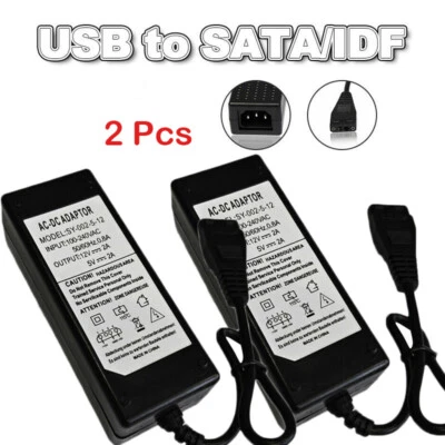 2pcs 12V/5V 2A USB to IDE/SATA Power Supply Adapter Hard Drive/HDD/CD-ROM AC DC - Image 1 of 4